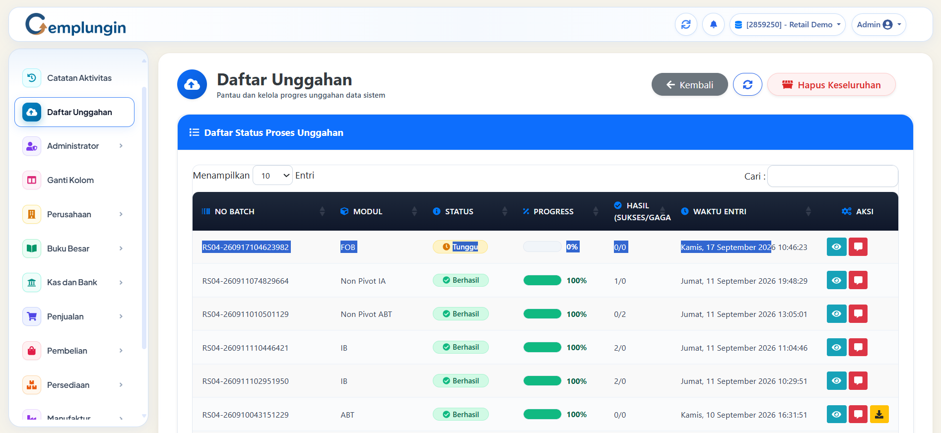 Daftar Unggahan & Status Proses Transaksi Accurate